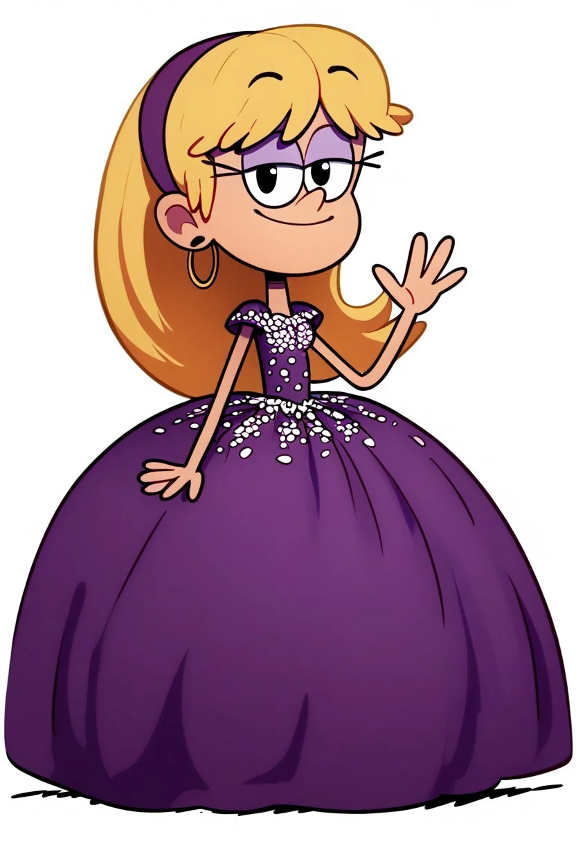 embedding:zPDXL3, rating_safe, source_cartoon, score_9, score_8_up, score_7_up,
white background, simple background, full body, chibi, 1girl, solo, standing, looking at viewer, smile, hand up, waving,
p1ngr3y, blonde hair, purple hairband, purple eyeshadow, black eyes, stud earrings, long purple dress, crinoline purple ball gown, purple floor length quinceanera dress, hoop dress, hoop skirt, full body, purple princess dress, light smile,