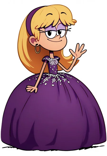 embedding:zPDXL3, rating_safe, source_cartoon, score_9, score_8_up, score_7_up,
white background, simple background, full body, chibi, 1girl, solo, standing, looking at viewer, smile, hand up, waving,
p1ngr3y, blonde hair, purple hairband, purple eyeshadow, black eyes, stud earrings, long purple dress, crinoline purple ball gown, purple floor length quinceanera dress, hoop dress, hoop skirt, full body, purple princess dress, light smile,