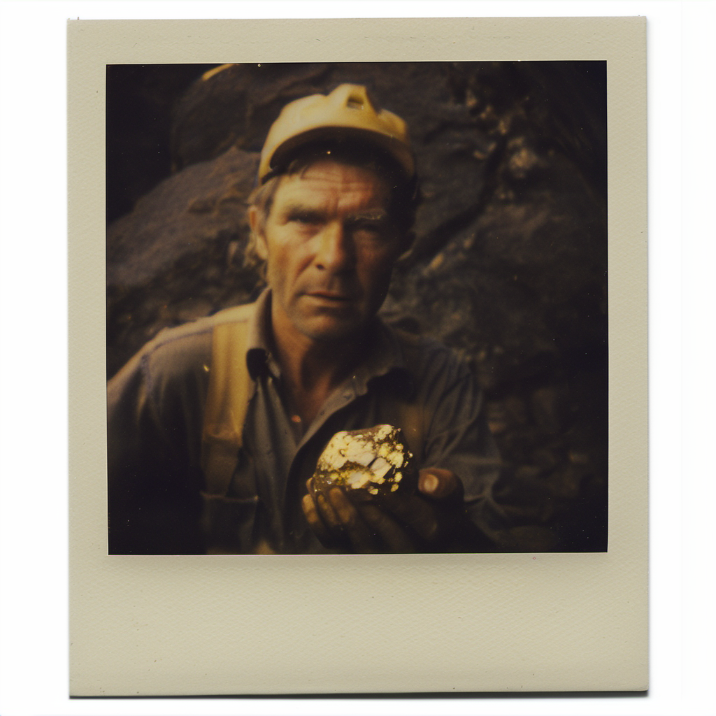 polaroid of A gold miner, striking a rock, with glimmers of gold catching his eye.  <lora:Polaroid_XL:1>