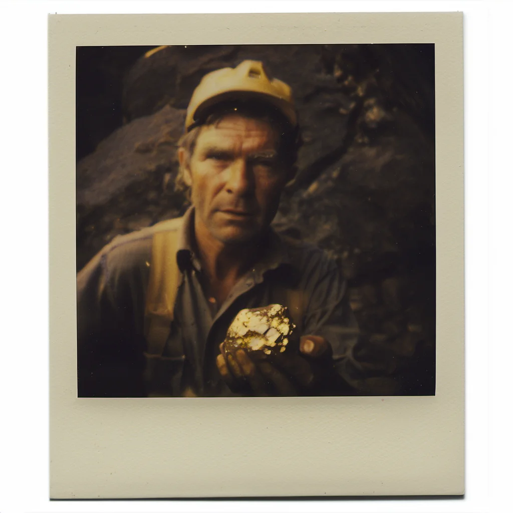 polaroid of A gold miner, striking a rock, with glimmers of gold catching his eye. <lora:Polaroid_XL:1>