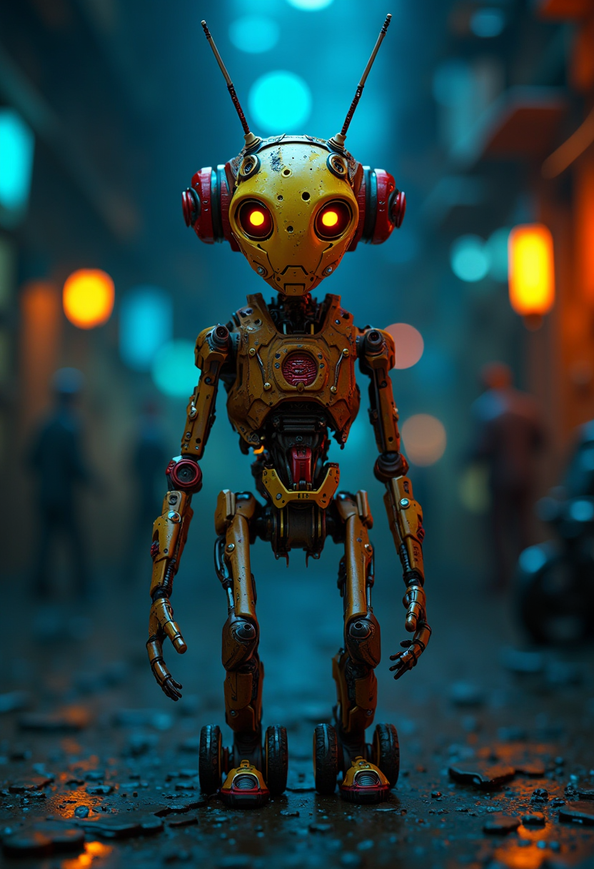 film noir style (photorealistic, UHD, shot on a Sony A7III, optimal photography, natural lighting:1.5)
image captures a scene of futuristic fantasy set against a dark backdrop with blurred lighting in hues of blue and orange. At the center of the frame is an alien robot, its body composed of a metallic brown color interspersed with yellow wiring and red accents.
The robot stands on two legs, each equipped with wheels at the bottom. Its arms are extended outwards, suggesting a welcoming or protective gesture. The robot's eyes glow in shades of orange, adding to its otherworldly appearance.
The head of the robot is large and cylindrical, topped with two antennas that reach upwards. A yellow mouth is visible on the front of the head, giving the robot an expressive countenance. 
Despite the fantastical elements, the image does not contain any discernible text or additional objects. The relative position of the robot to the background suggests it is in the foreground, drawing immediate attention.
Overall, the image presents a captivating scene from a futuristic world, embodied in the form of a humanoid robot standing against a colorful backdrop.
 . monochrome, high contrast, dramatic shadows, 1940s style, mysterious, cinematic