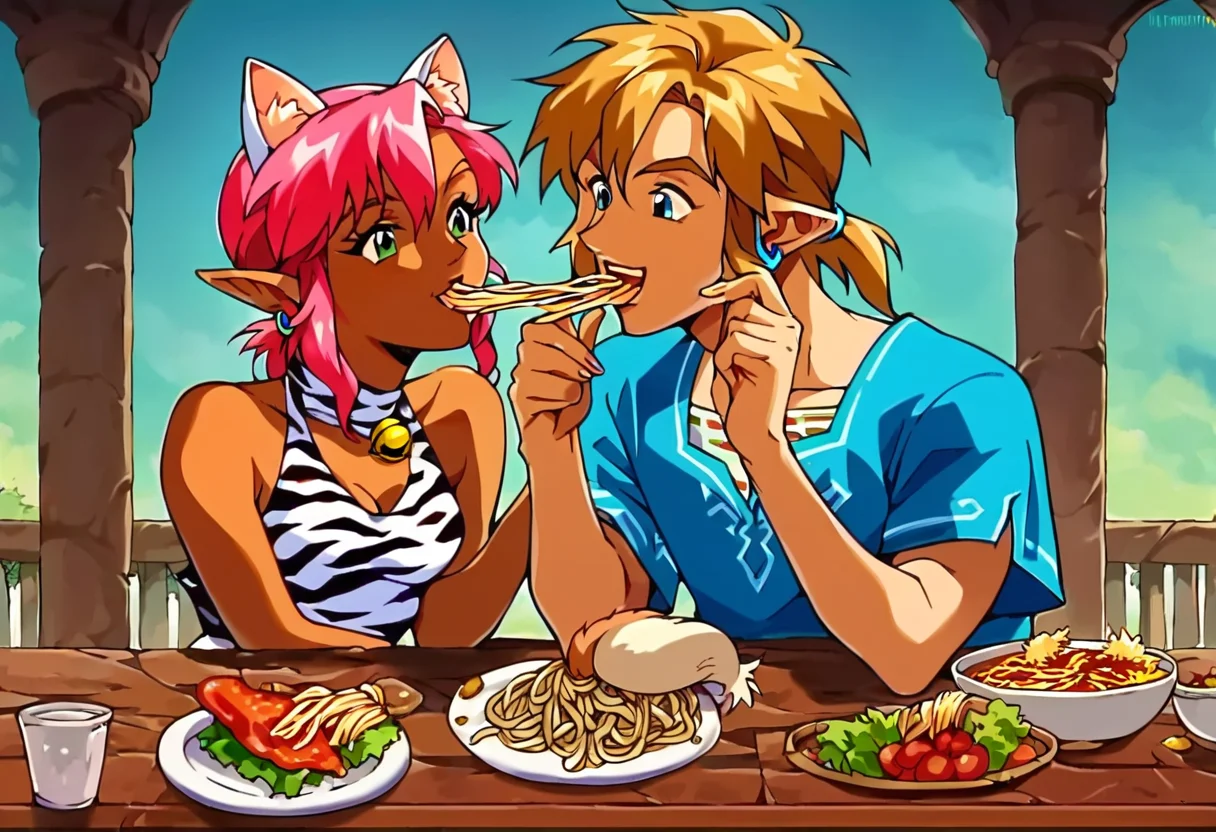 score_9, score_8_up, score_7_up, score_6_up, 1990s_(Style), Anime_Coloring, masterpiece, source_anime screenshot, duo, 1 girl, 1 boy, vivid colors, anime style, cartoon anime, source_anime, high-res, beautiful aesthetic, very intricate, high-quality details, vibrant, highly detailed, award-winning, professional, sleek and shiny, <lora:pink-ponyxl-v2:1>, : 3 smile, single fang showing, sleeveless dress, white tiger print dress, pelvic curtain, cleavage, white cat ears, cat bell necklace, bright pink hair, long hair, tanned, white tiger tail, red sash, small breasts, leather shoes, detailed eyes, green eyes, detailed face BREAK score_9, score_8_up, score_7_up, score_6_up, Masterpiece, source_anime, anime style, 1 girl, 1 boy, vivid colors, high-res, beautiful aesthetic, very intricate, high-quality details, vibrant, highly detailed, award-winning, professional, <lora:link:1> link1, link, pointy ears, blonde hair, blue eyes, medium hair, side locks, earrings, short ponytail, blue hylian tunic, break, pink and link at an outdoor restaurant sitting at a table eating pasta, pink and link eating the same strand of pasta and closing in for a kiss, front view, happy, whimsical