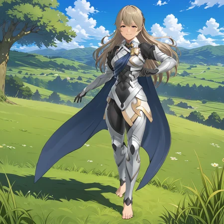1girl, full body shot, woman, solo, long hair, smiling, long hair, sky, [feet], long hair, standing in grass, toes, (anime, masterpiece, intricate:1.3), (best quality, hires textures, high detail:1.2), (4k),(incredibly detailed:1.4),UHD, 8K, ultra detailed  <lora:CorrinFEXL:.8>