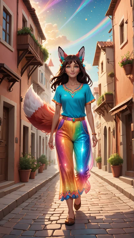 (front view:2), (detailed old mature man gender character:2) wearing detailed (bioluminescent 70's style pants:2), flowing rainbow hair and expressive eyes, (fox-like ears:2), (detailed fox one tail:2), (indian brunette underweight body shape:2). Walking through a very cozy furry town with pastel color palette, the charming street has cobblestone streets, and (day horizon:1.5). Magic sparkles float in the air, adding a subtle touch of fantasy, doortoinfinity <lora:d\EnvyZoomSliderXL01:-1.25> <lora:doortoinfinity:1> <lora:more_details:1.5> <lora:xl_bioluminescent_dress-1.0:1>