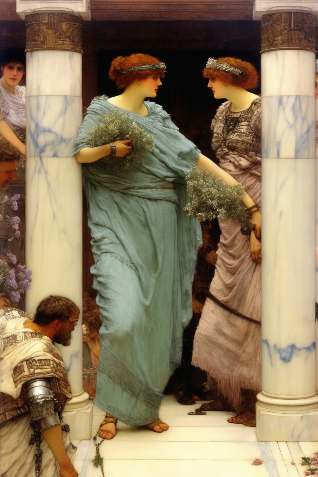 <lora:Lawrence Alma Tadema Style:1>Lawrence Alma Tadema Style - Sir lawrence alma - tadema very large bush women walking out man in the corner background spying on them