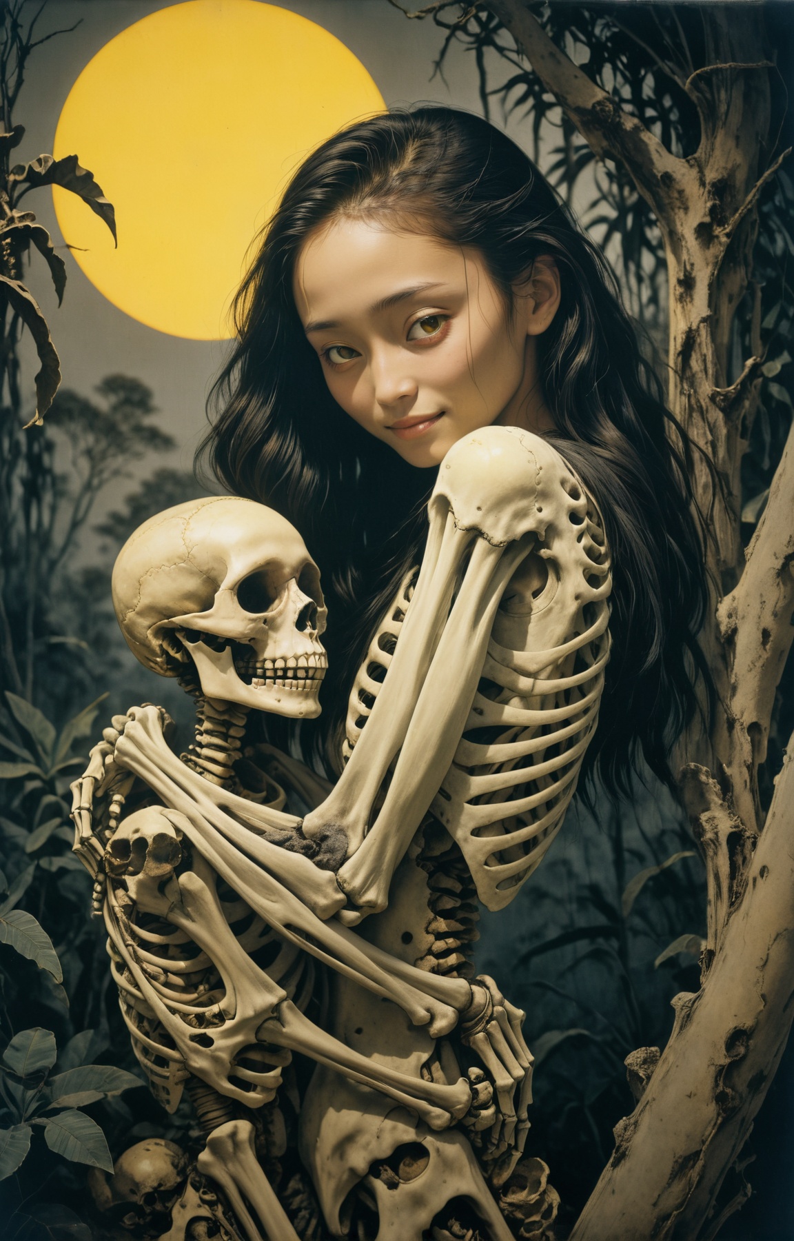 analog film photo. medium shot of a beautiful New Caledonian woman with a shy smile hugging a lost skeleton, yellow sun, in the style of takato yamamoto <lora:takma2:1>. Hard light, hard shadows, faded film, desaturated, 35mm photo, grainy, vignette, vintage, Kodachrome, Lomography, stained, highly detailed, found footage