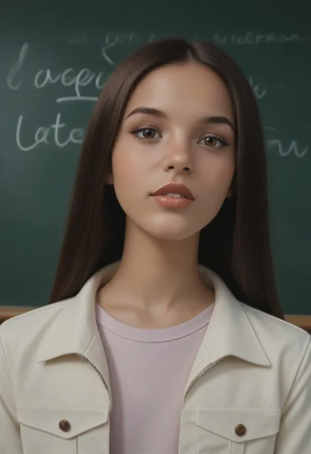 score_9, score_8_up, score_7_up, realistic photo of amraql, 18-year-old 1girl, unique angle, unique framing, close-up, face focus, (looking at viewer), parted lips, 1girl, dark skin, makeup, long straight hair, brown hair, brown eyes, by loish, masterpiece, lips parted, slim figure, petite, (classroom background), side lighting, warm lights, white denim jacket, top crop, navel, pink tee