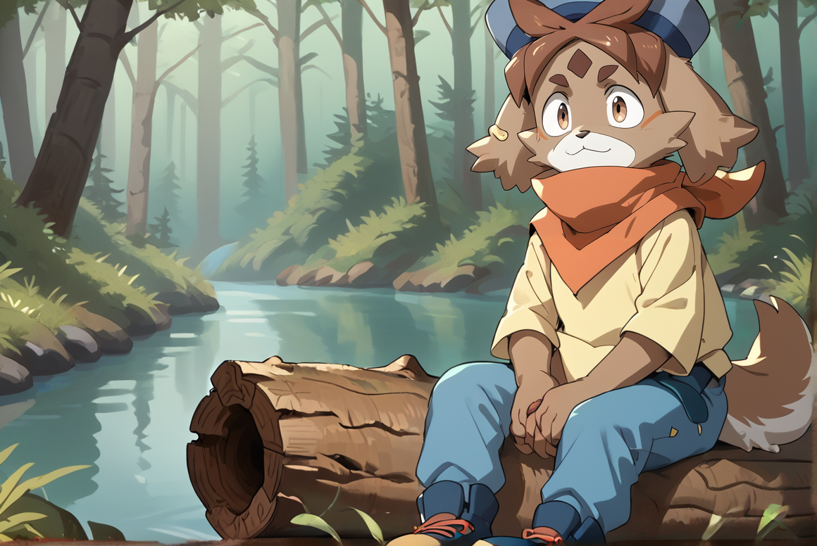score_9, score_8_up,score_7_up, 
 <lora:Freddie_Gundam_Build_Divers_ReRISE_for_PonyXL:0.8>  1boy, furry male, fr3ddi3, solo, animal ears, brown eyes, earrings, scarf, tail, hat, shoes, 
sitting, forest, river, log,