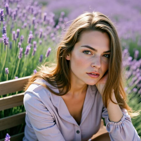 Ultra quality, ultra realistic, ultra detailed skin textures and colors, In the cool morning air of a lavender field in Provence, a stunning woman sits at the edge of a wooden crate, her face turned slightly toward the soft sun, wrapped in a muted lilac linen blouse with a deep v-collar that echoes the fields behind her. Her skin shows every detailâfreckles across her nose, a slight flush on her cheeks, faint crowâs feet at the corners of calm, moss-green eyes. Shot in half-head framing with a Contax 645 and 80mm f/2 lens on Kodak Portra 160 for its ability to gently hold both skin tone and pastel hues, the light is entirely naturalâopen shade with a large white bounce card held under her chin to bring out detail in her lower face. The subtle breeze lifts strands of her hair, and behind her, the lavender hums out of focus, creating a cinematic portrait both intimate and deeply environmental. Every pore, eyelash, and wrinkle is celebrated, not hiddenâthis is not polished beauty, but elevated honesty.
<lora:Detailed Skin&Textures Flux V3:0.8> dsv4