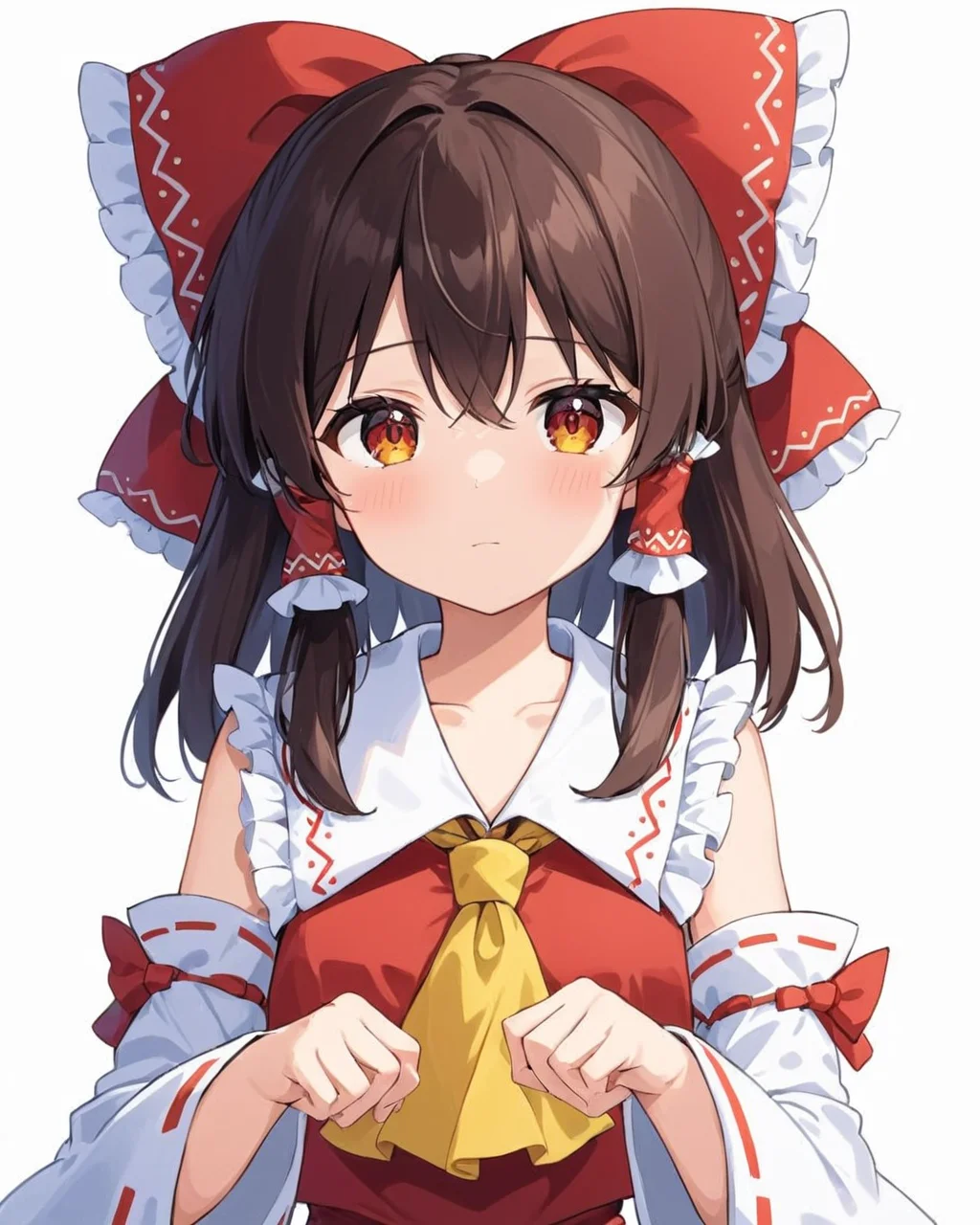 hakurei reimu,1girl, solo, white_background, hair_tubes, red_bow, simple_background, detached_sleeves, hair_bow, blush, wide_sleeves, bare_shoulders, upper_body, closed_mouth, looking_at_viewer, long_sleeves, frills, yellow_ascot, ribbon-trimmed_sleeves, hands_up, white_sleeves, own_hands_together, red_dress, vest
<lora:hakurei_reimu_image6409_2023-12-06-000004:1>,star-shaped_pupils,symbol-shaped_pupils,. gorgeous,key visual, vibrant, studio anime,award-winning, professional, highly detailed,high budget, cinemascope