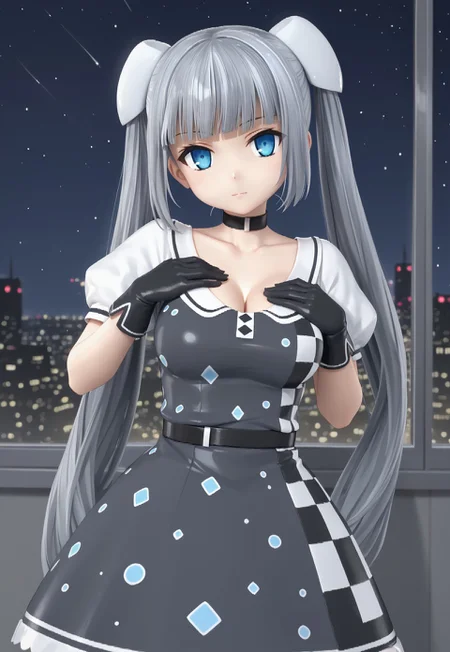 MMDress, long hair, puffy short sleeves, black gloves, twintails, grey hair, blunt bangs, black choker, blue eyes, grey dress, hair ornament, hairpods, checkered dress, collarbone, black belt, large breasts,
looking at viewer, head tilt, closed mouth, hand on own chest,
window, cityscape, billboard, neon lights, dark, night, night sky,
1girl, solo, solo focus, highres, absurdres, light particles, backlighting, shade, light rays, lens flare, shiny skin, fine fabric emphasis,