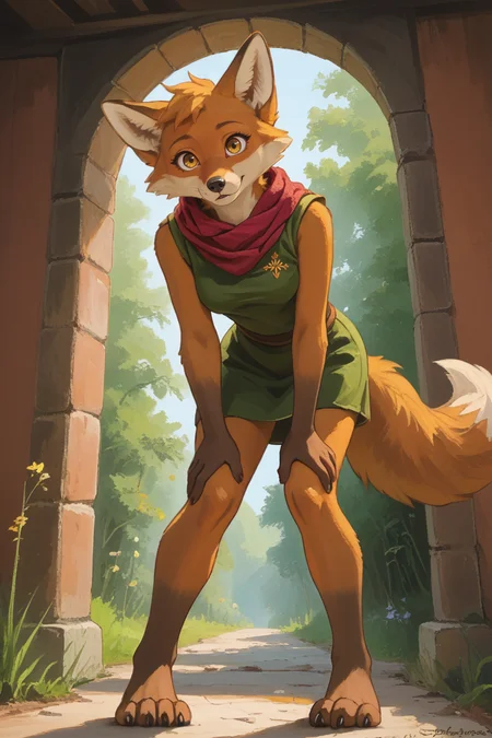 score_9,score_8_up,score_7_up,looking at viewer,forshotening,cute,short stature,from below, suoer low angle, dutch angle,
1girl,fox girl,ruin seeker,solo,canid,yellow eyes,gold eyes,fox,anthro,breasts,orange body,dipstick tail,orange fur,brown feet,tail,tail markings,markings,green clothes,tunic,sleeveless,red scarf,miniskirt,short skirt,gold sparkle,
Bent over,hands on own thighs,
expressiveh,painterly,faux traditional media,
<lora:Expressive_H-000001:0.5>,<lora:incase_2024_style_v2:0.5>,<lora:VGC_TUNIC_XL:0.8>,<lora:Faux Oil Painting Style LoRA_Pony XL v6:0.7>,<lora:Zootopia_style:0.4>,