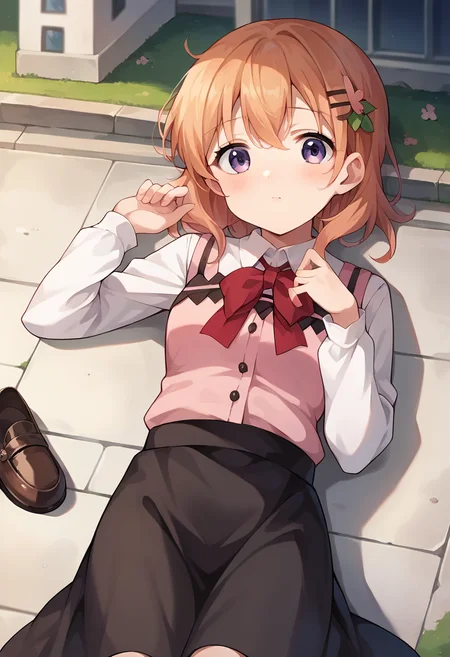 score_9, score_8_up, score_7_up, source_anime, masterpiece, 1girl, ctiank0k0a, dress shirt, long sleeves, pink vest, black skirt, red ribbon, looking at viewer, lying, on ground, close-up, outdoors, city, depth of field, lying, on ground, <lora:Hoto_Kokoa_pony_ct:0.9>,