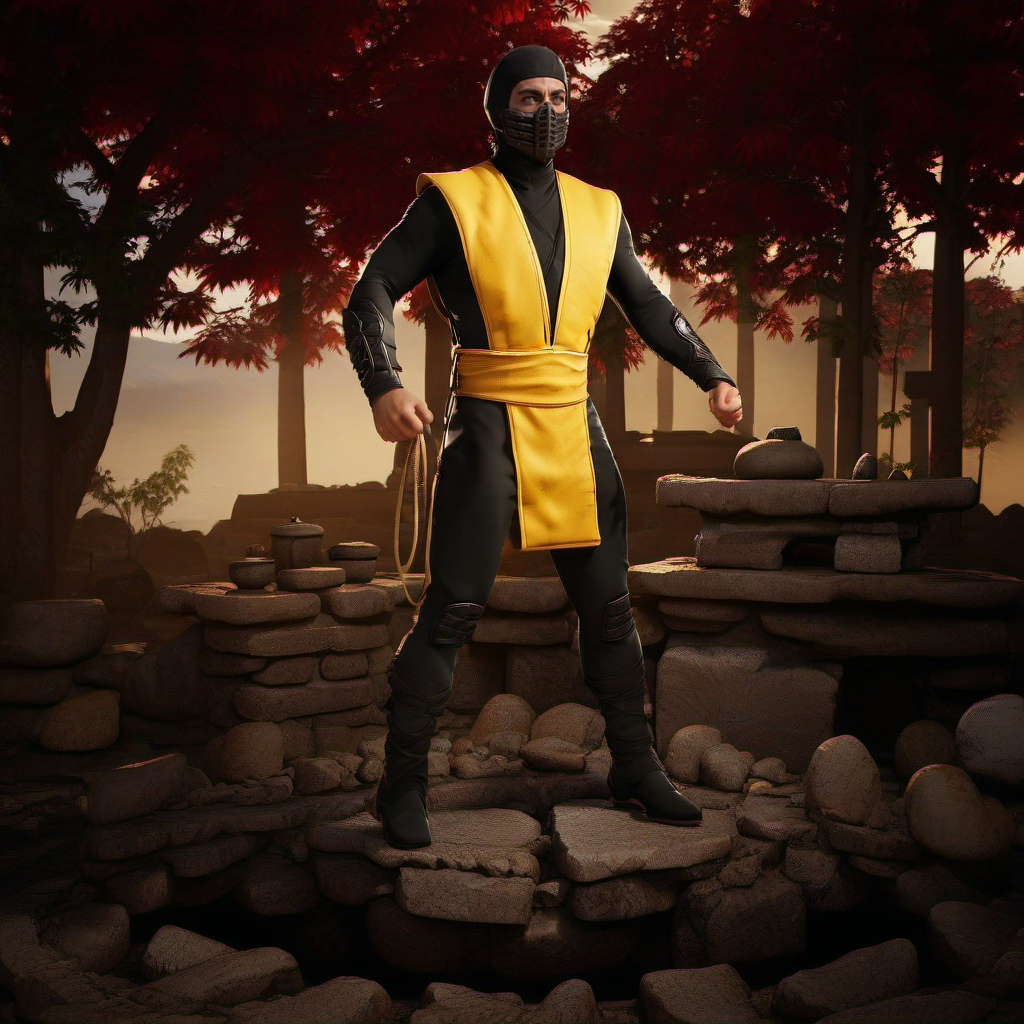 cinematic photo a full body ninja 1boy with a mask, white eyes, standing a a chinese temple in ruins  <lora:Scorpion1995-1024:0.8> . 35mm photograph, film, bokeh, professional, 4k, highly detailed