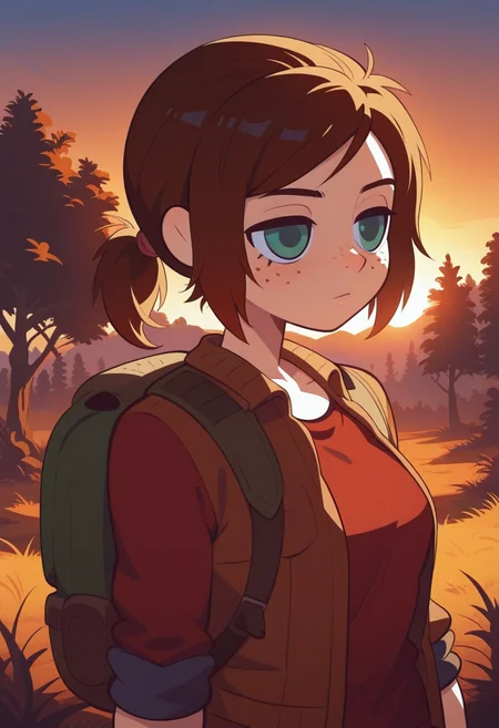 f11ph1style, masterpiece, best quality, solo, ellie\(the last of us\), green eyes, ponytail, freckles, wooded area, trees, backpack,, red shirt, sunset, warm colors,