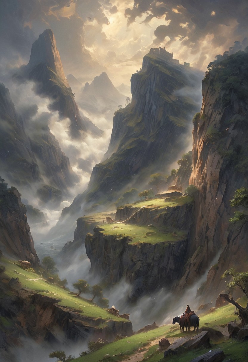 View from a rocky ledge to a massive, weathered ark resting between two high, jagged hills. The scene is shrouded in a thick, ominous fog, with an eerie stillness in the air. The ark, appearing ancient and majestic, looms large against the chaotic swirl of dark clouds above. The sky is filled with ominous, swirling clouds, casting deep shadows over the landscape. Animals of all kinds are faintly visible through the mist, gathering in pairs and moving towards the ark. The overall scene evokes a sense of awe and solemnity, capturing the profound moment of Noah's Ark amid the turbulent surroundings. [romantic impressionism,dream scenery art,beautiful oil matte painting,romantic,style of thomas kinkade,beautiful digital painting,anime landscape,romantic painting,dreamlike digital painting,colorful painting,beautiful gorgeous digital art,style of greg rutkowski,janek sedlar,jenny saville:0] <lora:vivid_everclear:0.6>  <lora:Sinozick:1>