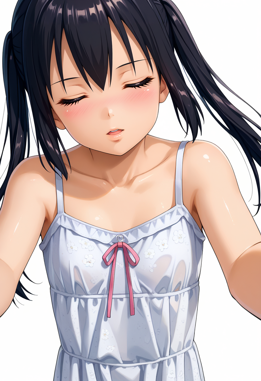 score_9,
<lora:K-On_NakanoAzusaXL(styled):1>, NakanoAzusa,
1girl, solo, incoming kiss, kiss, parted lips, light blush,
black hair, long hair, closed eyes, twintails, 
shiny skin, sundress, white dress, bare shoulders, floral print,
pov, outstretched arms, arms out of frame, close-up,
simple background, white background