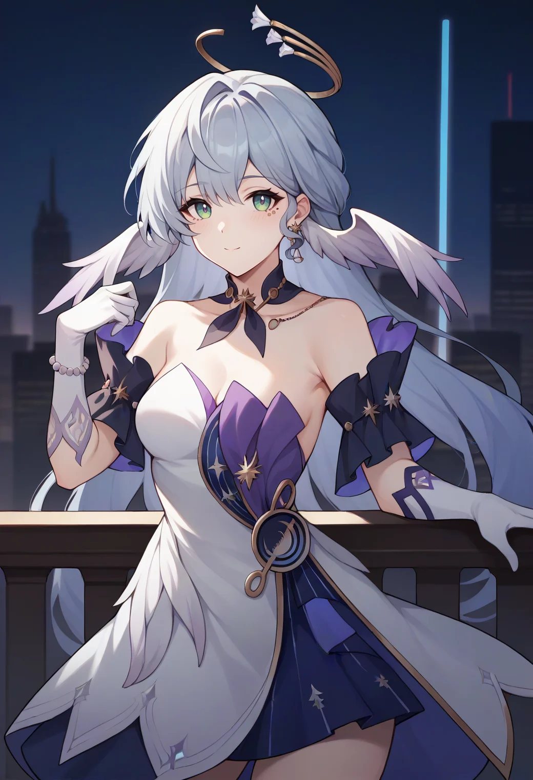 score_9,score_8_up,score_7_up,score_6_up,score_5_up,score_4_up,
1girl, robin \(honkai: star rail\), long hair, wings, breasts, halo, strapless dress, white elbow gloves, detached collar, medium breasts, facial mark, earrings,
solo, cowboy shot, outdoors, looking at viewer, cityscape, standing,
<lora:robinponyxl:1>