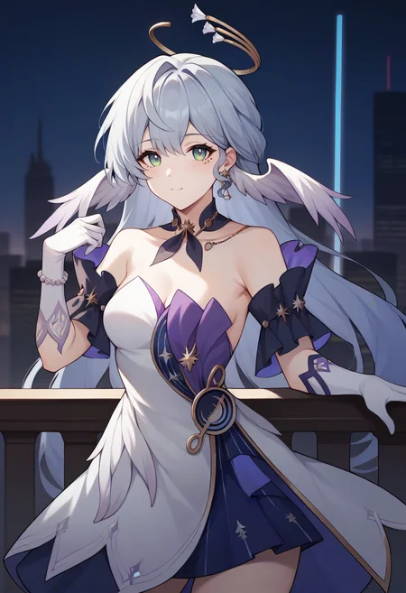 score_9,score_8_up,score_7_up,score_6_up,score_5_up,score_4_up,
1girl, robin \(honkai: star rail\), long hair, wings, breasts, halo, strapless dress, white elbow gloves, detached collar, medium breasts, facial mark, earrings,
solo, cowboy shot, outdoors, looking at viewer, cityscape, standing,
<lora:robinponyxl:1>