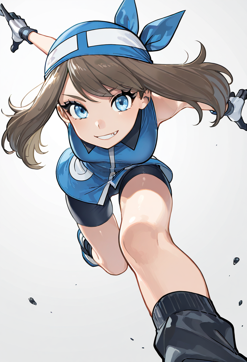 masterpiece, best quality, 1girl, eyelashes, (beautiful eyes), looking at viewer, smile,   zzSapphire, gloves, (fangs:0.6), bike shorts, black socks, blue bandana,  (dynamic pose, foreshortening),  ,<lora:SapphireBirchPokemon_IXL:1.0>,