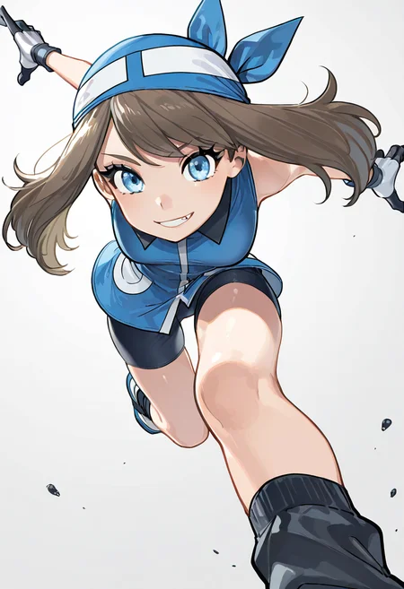 masterpiece, best quality, 1girl, eyelashes, (beautiful eyes), looking at viewer, smile, zzSapphire, gloves, (fangs:0.6), bike shorts, black socks, blue bandana, (dynamic pose, foreshortening), ,<lora:SapphireBirchPokemon_IXL:1.0>,