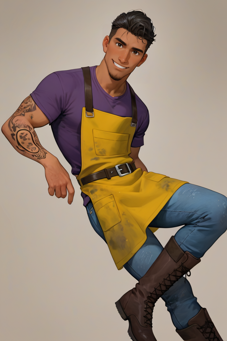 best quality, amazing quality, very aesthetic, absurdres, newest, dynamic angle, intricately detailed illustration, depth of field, masterpiece, volumetric lighting, expressive, dynamic action, masterpiece, perfect, clean detail, clean lines, smooth shading, 
BREAK, simple background, smiling, looking at viewer, casual pose,
BREAK, 1boy, male focus, solo,coralpablo,black hair,brown eyes,facial hair,goatee,dark skin, arm tattoo, purple shirt, dirty yellow apron, belt, jeans, bronw boots