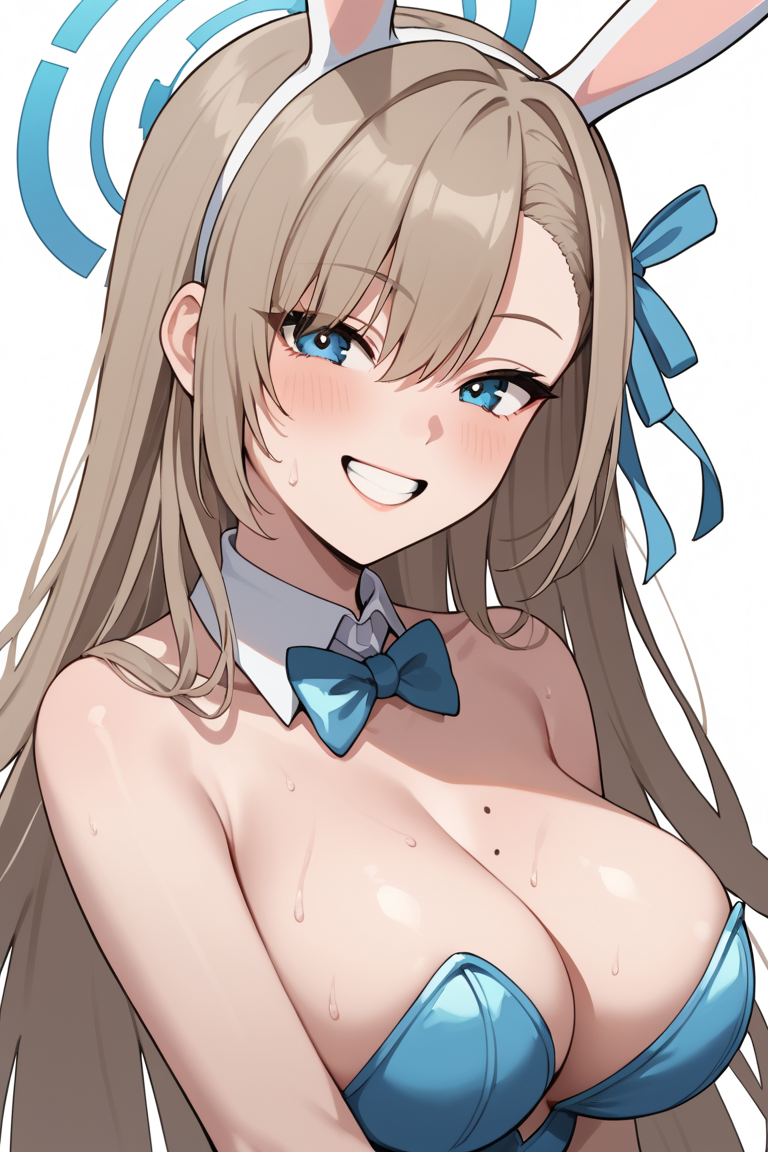 score_9,score_8_up,score_7_up,score_6_up,
source anime,masterpiece,best quality,ultra detailed eyes,BREAK,
1girl, solo, asuna \(bunny\) \(blue_archive\), light brown hair, swept bangs, absurdly long hair, blue eyes, large breasts, halo, blue hair ribbon, detached collar, blue bowtie, blue leotard, strapless leotard, bare shoulders, upper body, incoming hug, smile, teeth, facing viewer, sweat, white background,
