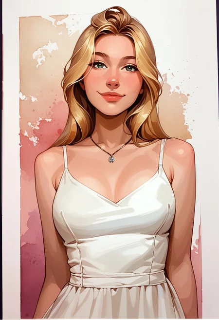 score_9, score_8_up, score_7_up, score_6_up, source_cartoon, 1girl, female, solo, soaking wet hair, smile, diaphonous white dress, bronze necklace, medium breasts, female focus, official style, close up, perfect anatomy, perfect face, standing, abstract beauty, beautiful, centered, looking at the camera, approaching perfection, dynamic, moonlight, highly detailed, watercolor painting, artstation, concept art, smooth, sharp focus, illustration, portrait