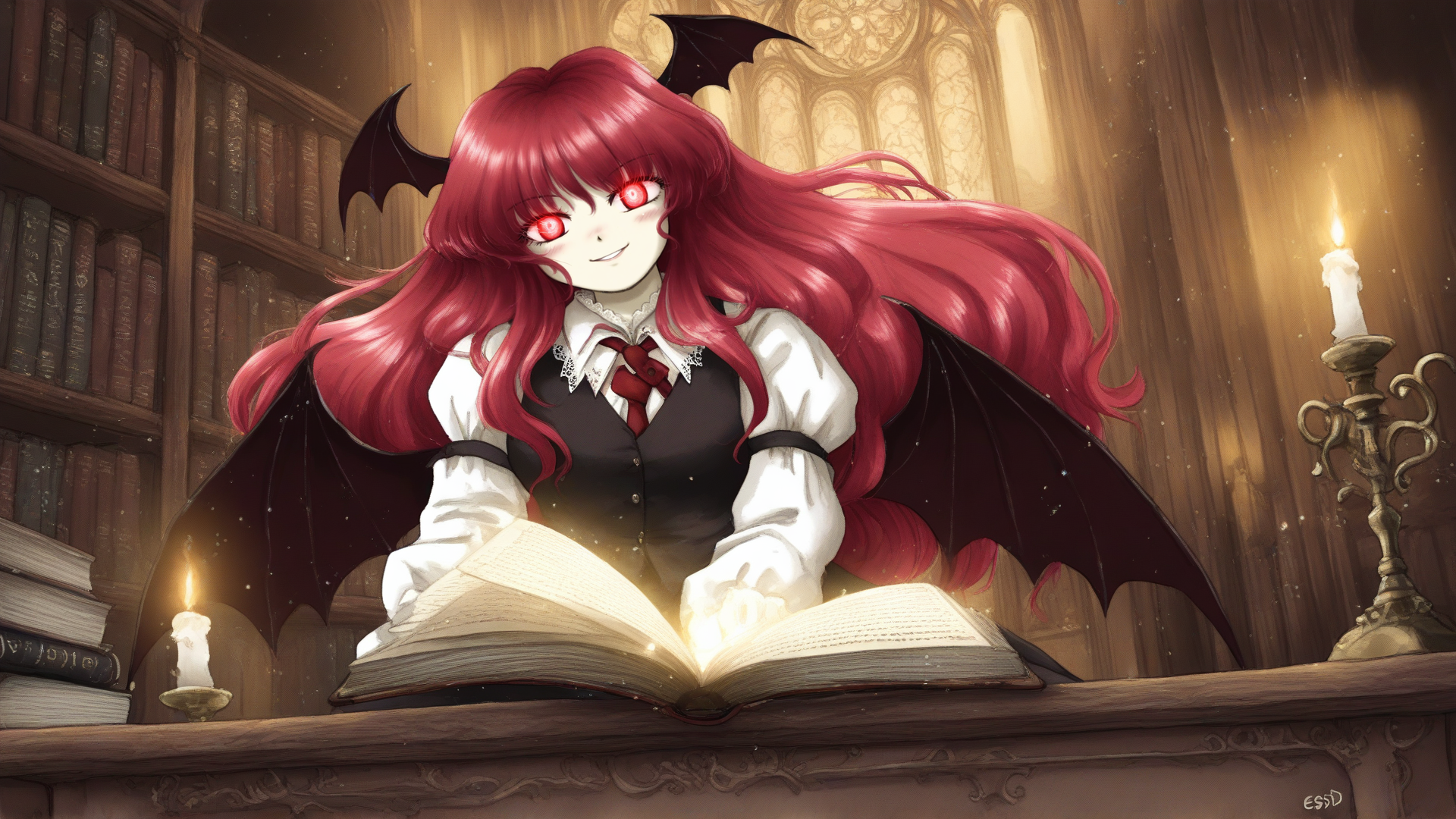 masterpiece, best quality, very aesthetic, absurdres, very awa, (zun \(style\):0.7), <lora:EoSD:0.8> EoSD, <lora:GLSHS-IL:0.5> GLSHS, (solo:1.2), 1girl, koakuma, elegant yet mischievous expression, deep glowing crimson eyes, gently smiling, slightly open book floating beside her, old towering bookshelves filled with ancient tomes, warm candlelight casting a golden glow, soft dust particles floating in the air, dimly lit mysterious atmosphere, magical energy subtly glowing from some books, large intricate wooden desks and chairs, red hair flowing gracefully with a slight breeze, bat-like wings subtly visible behind her, rich gothic interior with ornate decorations, low-angle shot, soft warm lighting with deep shadows, delicate shading, intricate lighting, soft atmospheric glow.
