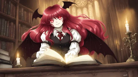 masterpiece, best quality, very aesthetic, absurdres, very awa, (zun \(style\):0.7), <lora:EoSD:0.8> EoSD, <lora:GLSHS-IL:0.5> GLSHS, (solo:1.2), 1girl, koakuma, elegant yet mischievous expression, deep glowing crimson eyes, gently smiling, slightly open book floating beside her, old towering bookshelves filled with ancient tomes, warm candlelight casting a golden glow, soft dust particles floating in the air, dimly lit mysterious atmosphere, magical energy subtly glowing from some books, large intricate wooden desks and chairs, red hair flowing gracefully with a slight breeze, bat-like wings subtly visible behind her, rich gothic interior with ornate decorations, low-angle shot, soft warm lighting with deep shadows, delicate shading, intricate lighting, soft atmospheric glow.