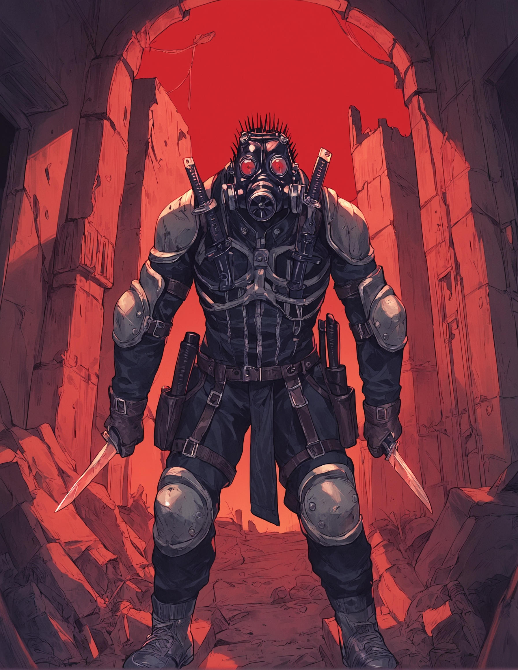 score_9, score_8_up, score_7_up,score_6_up,high resolution,qhayastyle,source_anime,cayman,gas mask,1boy,ruins,rim lighting,dof,solo,pov,dual wielding,holding knife,shoulder pads,knee pads,jacket,belt,knife,red background