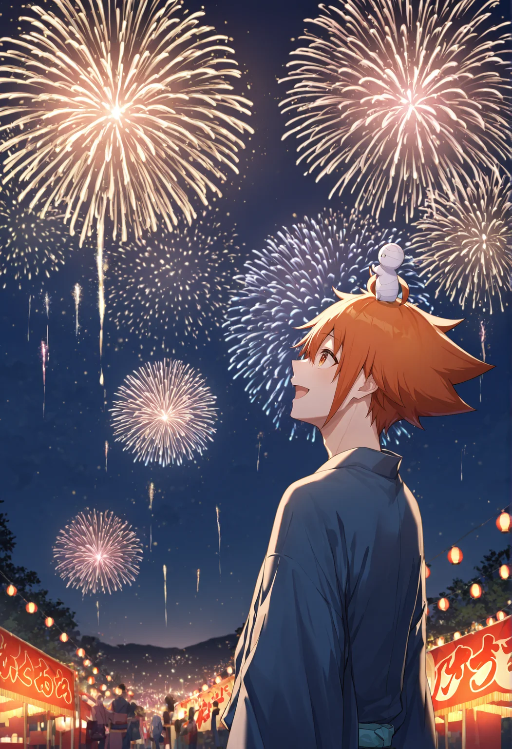 masterpiece,best quality,newest,absurdres,highres,safe,sora kashiwagi,mii-kun,smile,open mouth,outdoors,japanese clothes,kimono,looking at another,night,looking up,hand fan,yukata,on head,mii-kun on head,fireworks,aerial fireworks,festival,summer festival,male focus,official art,<lora:SoraKashiwagi_noob:1>,1boy,solo,