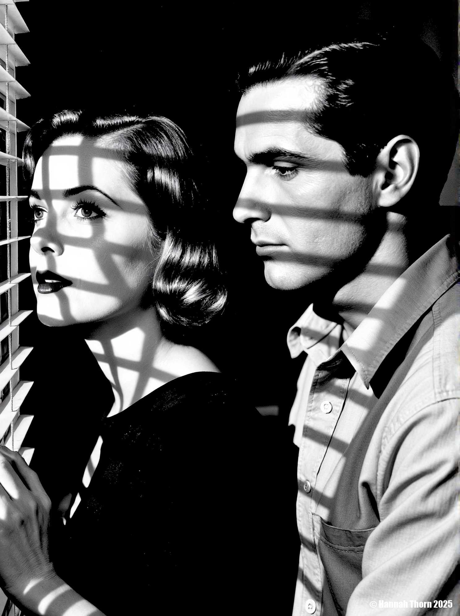 A woman with short hair and a man with slicked-back hair stand closely. The woman wears a dark top; the man wears a collared shirt. Light streams through blinds, casting striped shadows on their faces. They are positioned at a high angle.  cinematic black and white portrait inspired by Ansel Adams, woman gazing pensively past blinds, man embraces her, shadows create stark contrast, Fujifilm X100V, 23mm lens, f/2.8, shallow depth of field, dramatic chiaroscuro lighting, soft diffused light, volumetric shadows, subtle grain, medium shot, post-processed to enhance contrast, film noir aesthetic.<lora:_Flux\_Film-Retro\Film_Noir.safetensors:0.8000000000000002:0.8000000000000002>