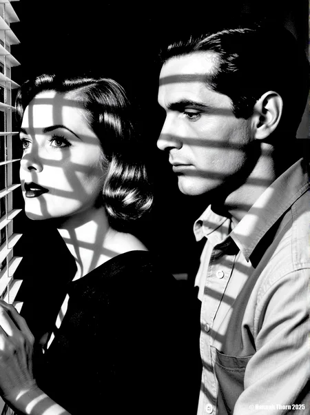 A woman with short hair and a man with slicked-back hair stand closely. The woman wears a dark top; the man wears a collared shirt. Light streams through blinds, casting striped shadows on their faces. They are positioned at a high angle. cinematic black and white portrait inspired by Ansel Adams, woman gazing pensively past blinds, man embraces her, shadows create stark contrast, Fujifilm X100V, 23mm lens, f/2.8, shallow depth of field, dramatic chiaroscuro lighting, soft diffused light, volumetric shadows, subtle grain, medium shot, post-processed to enhance contrast, film noir aesthetic.<lora:_Flux\_Film-Retro\Film_Noir.safetensors:0.8000000000000002:0.8000000000000002>