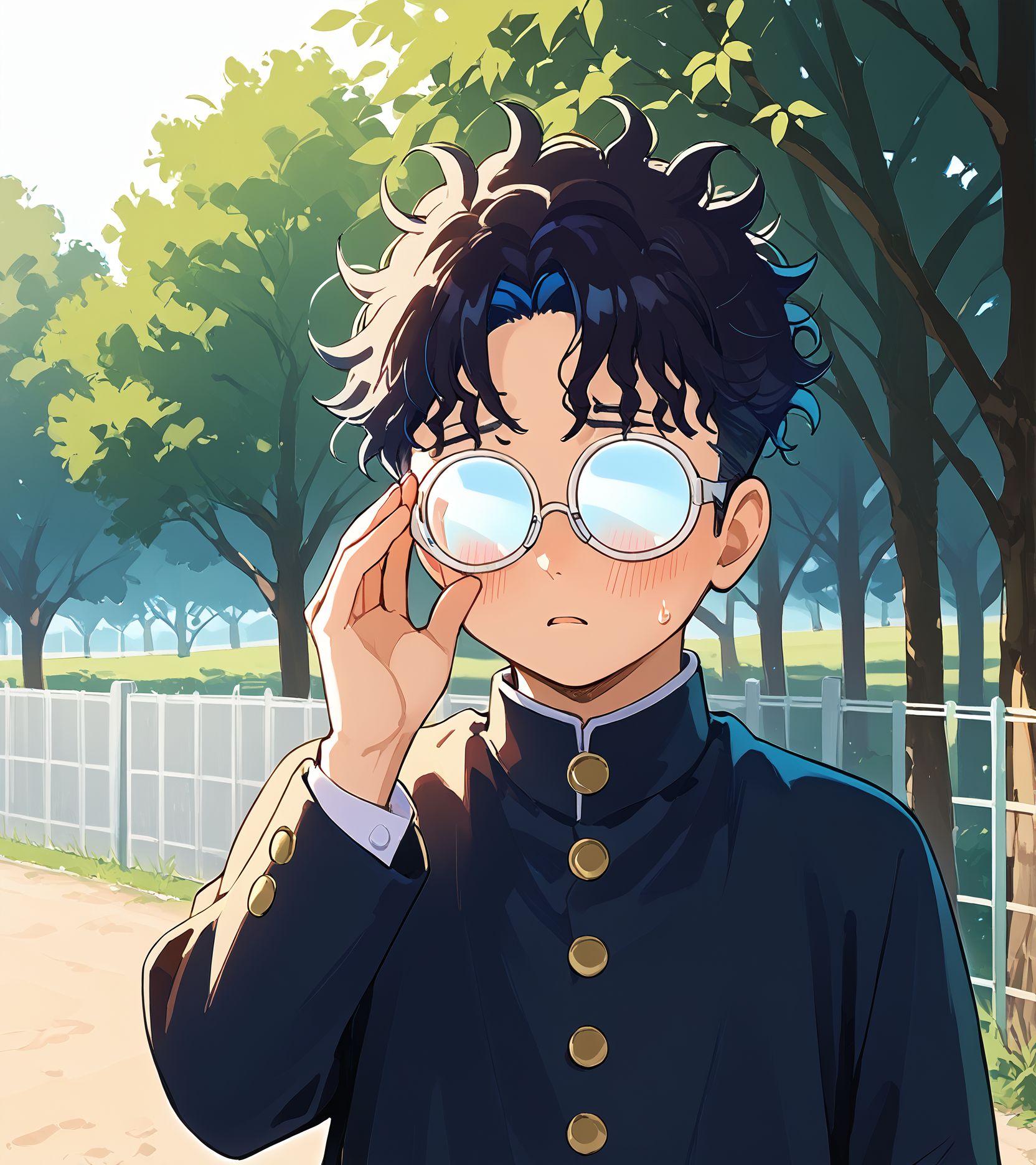 score_9,score_8_up,score_7_up,masterpiece, best quality, <lora:WHM 0.2v:0.5>, WHM, 2D,anime,  
1boy, solo,
blush, serious, parted lips, surprised, embarrassed, blush, hand on glasses, sweatdrop, 
school, daytime, outdoors, (fence wall ),small concretel,  opaque glasses, <lora:Opaque_glasses_r1:1.5> (white glasses lenses:1.4),cowboy shot, 
tree,
BREAK
 <lora:okarun_pony:0.9> 1boy, okarun, black hair, curly hair,  black dress, long sleeves, 
(black gakuran:1.4),  gold buttons,