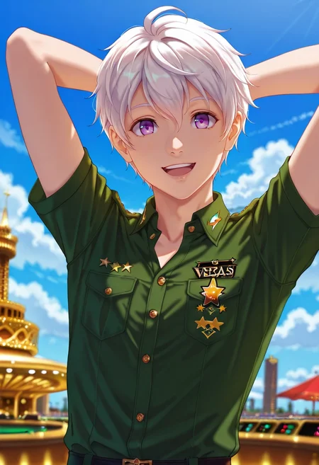 masterpiece, best quality, , (photorealistic:0.6), looking at viewer, , 1boy, solo, male focus, <lora:felix_clermont_ilxl:0.98>, felix_clermont, white hair, purple eyes, ahoge, uniform, upper body, las vegas, casino, day, clouds, arms behind head, happy,