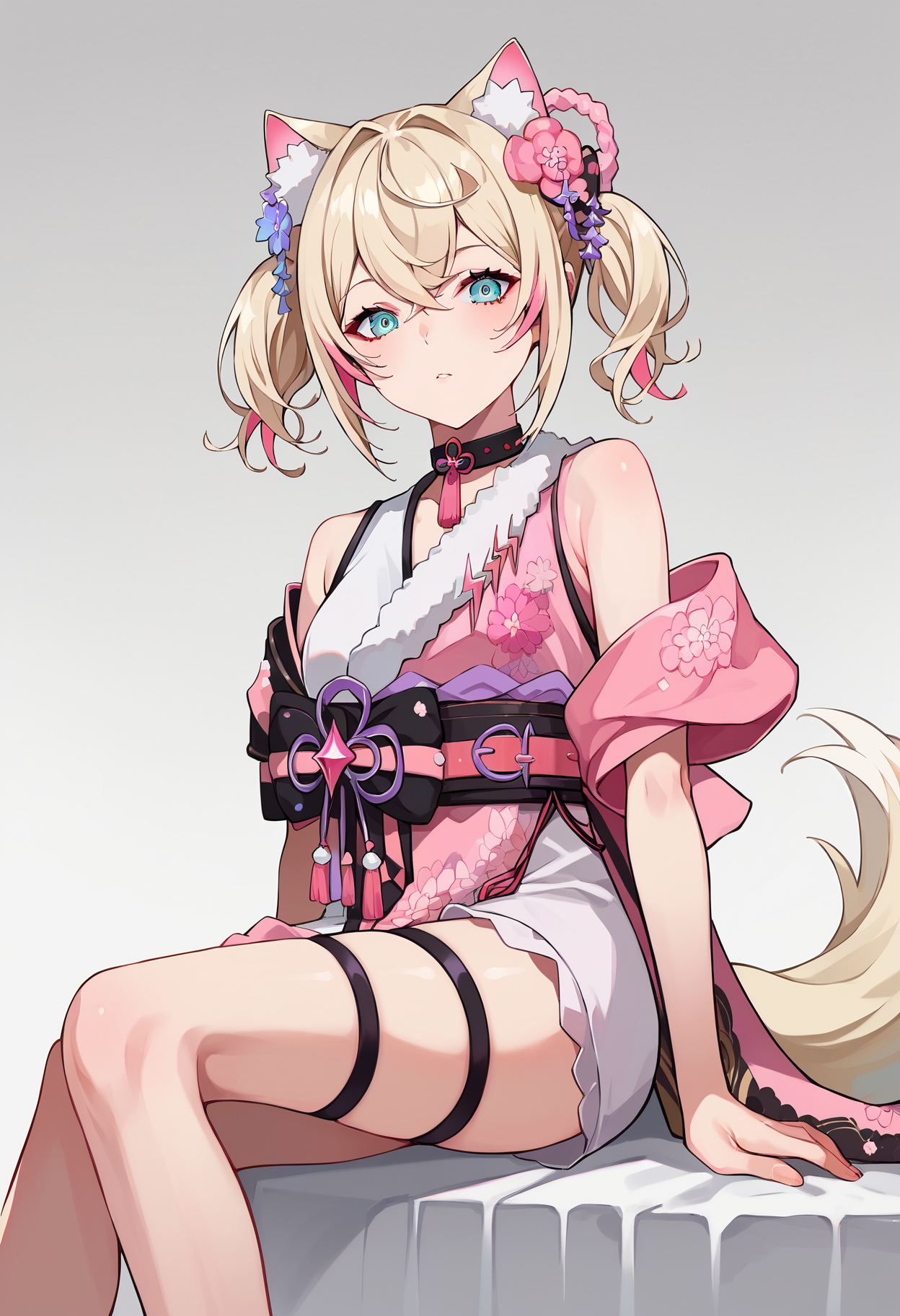 score_9, score_8_up, score_7_up, uncensored, source_anime, 1girl,  <lora:spramdayoStyleXLPony:1> by ramdayo, <lora:ChamMococoAbyssgardPonyXL_1:1> MococoNewYears, short hair, wavy hair, twintails, streaked hair, hair flower, hair ornament, kouhaku nawa hair bow, spiked choker, neck tassel, pink kimono, short kimono, fur-trimmed kimono, floral print, uneven sleeves, cross-laced sleeve, single bare shoulder, pink obi, thigh straps, tail, gradient background, grey background, striped, white background, sitting, solo, happiness