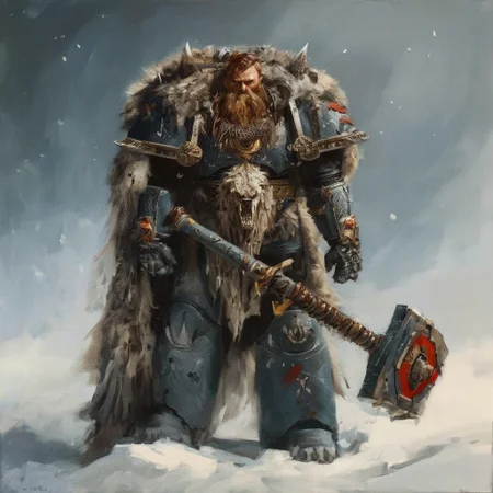 Space wolf warrior with beard is in winter landscape, he is a werewolf space marine,  he as heavy scars, he has his huge runic hammer in his hands, portrait style, viking, norse, beard, clad in ripped furs and pieces of old worn space wolf armor, Black over black, top light, masterful painting in the style of Anders Zorn | Marco Mazzoni | Yuri Ivanovich, Todd McFarlane, oil on canvas
<lora:add-detail-xl:1> <lora:MJ52:0.5>