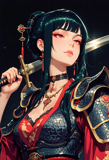 masterpiece, best quality, good quality, very aesthetic, absurdres, newest, 8K, depth of field, focused subject, in the style of cknc, artist:moriimee, in the style of cksc, BREAK
side portrait of stunning Chinese woman, bangs, sidelocks, bangs, choker, necklaces, earrings, hairpin, irridescent dragon-scale armour glittering in different colours, holding scimitar, dynamic pose, dark background, directional lighting, viewed from below