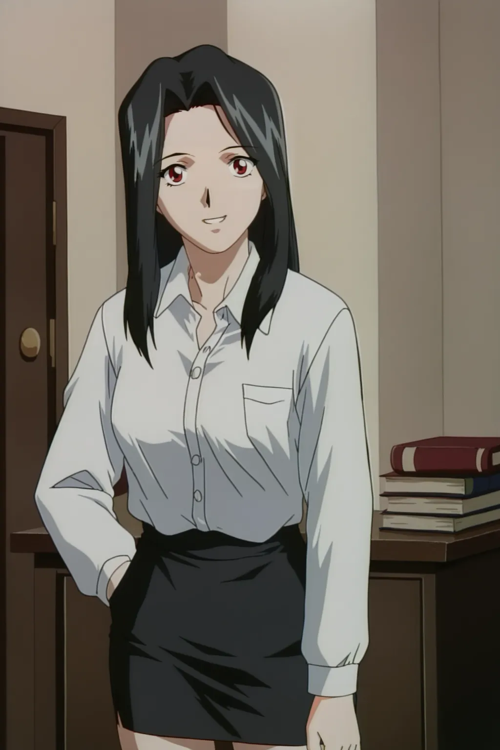 score_9, best, masterpiece, uncensored,
indoors,
1girl, solo, 1990s (style), retro artstyle, smile,
DWKojiFlashbackJun,
white shirt, pencil skirt, collared and buttoned shirt with long sleeves and left breast pocket,
<lora:DWKojiJunFukamizawa_V3:0.8>​​​