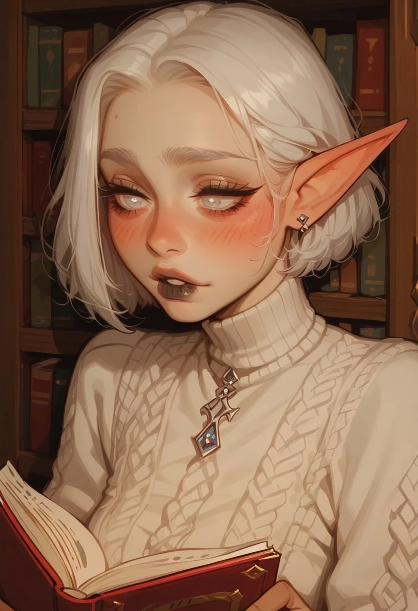 score_9, score_8_up, score_7_up, score_6_up, score_5_up, score_4_up, Expressiveh, elf,asymmetricalbob cut, white eyes, short white hair, very pale skin, black lips,Expressiveh, cute face, morimee_style, blushingelfv2, library, reading a romance novel, blushing, scandalized expression,prim, proper, nerdy, sweater