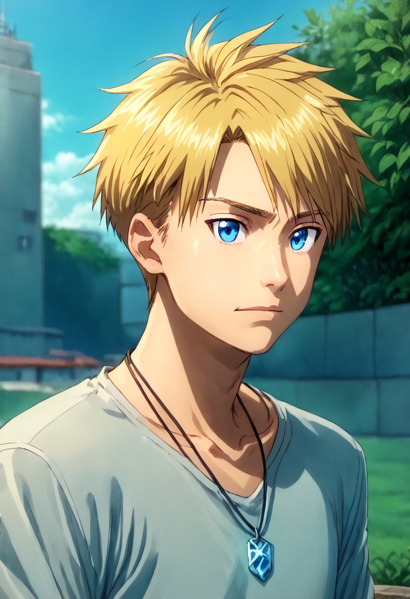 high resolution, solo, best quality, 1Boy, Yamato Ishida, Blonde Hair, Blue Eyes, Necklace, portraits, proud, outdoor, Half Body, Depth Of Field,