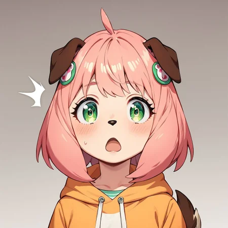 (score_9), (score_8_up), (score_7_up), (score_6_up), (score_5_up), (score_4_up), (masterpiece), best quality, <lora:Slider_human-anthro_v1:-0>, solo, female, An_ya, pink hair, short hair, ahoge, green eyes, hair ornaments, dog tail, dog ears, lobster costume, standing, shocked
