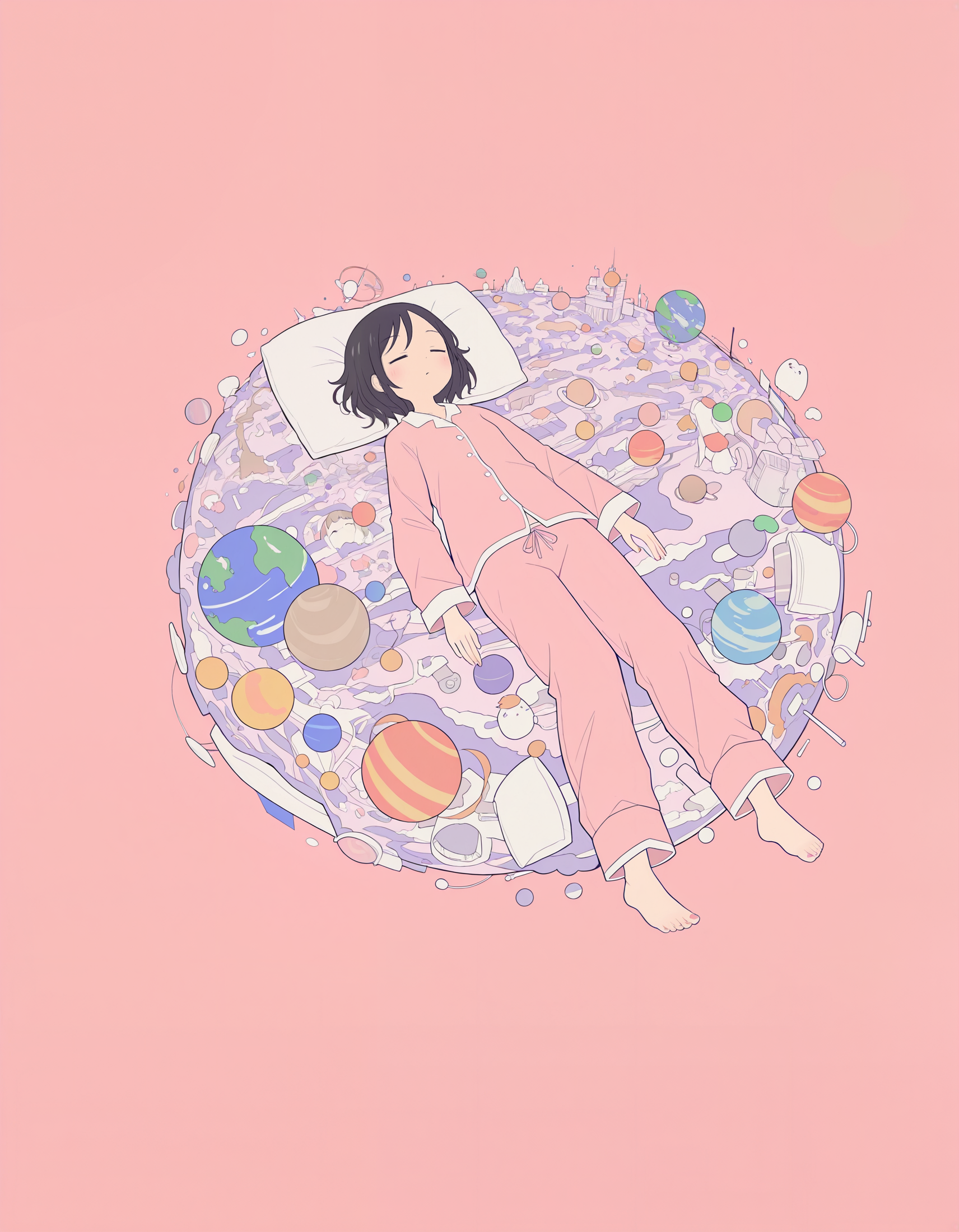 masterpiece,  best quality, newest, highres, absurdres,   <lora:hebitsukai_style:1>,hebitsukai_illu,  1girl, pink background, flat color, surreal, long sleeves, pillow, bed, short hair, solo, lying, pajamas, planet, simple background, closed eyes