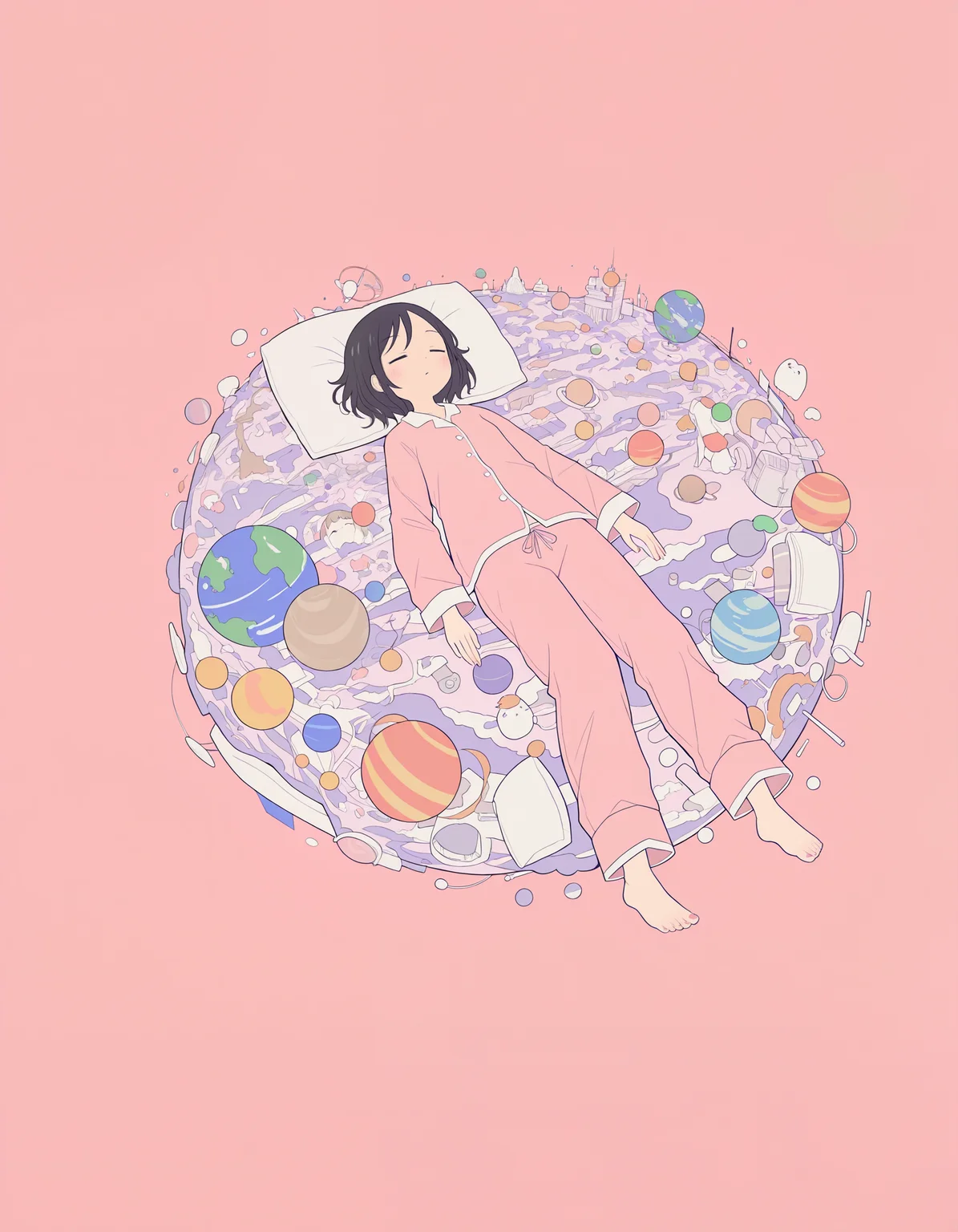 masterpiece, best quality, newest, highres, absurdres, <lora:hebitsukai_style:1>,hebitsukai_illu, 1girl, pink background, flat color, surreal, long sleeves, pillow, bed, short hair, solo, lying, pajamas, planet, simple background, closed eyes