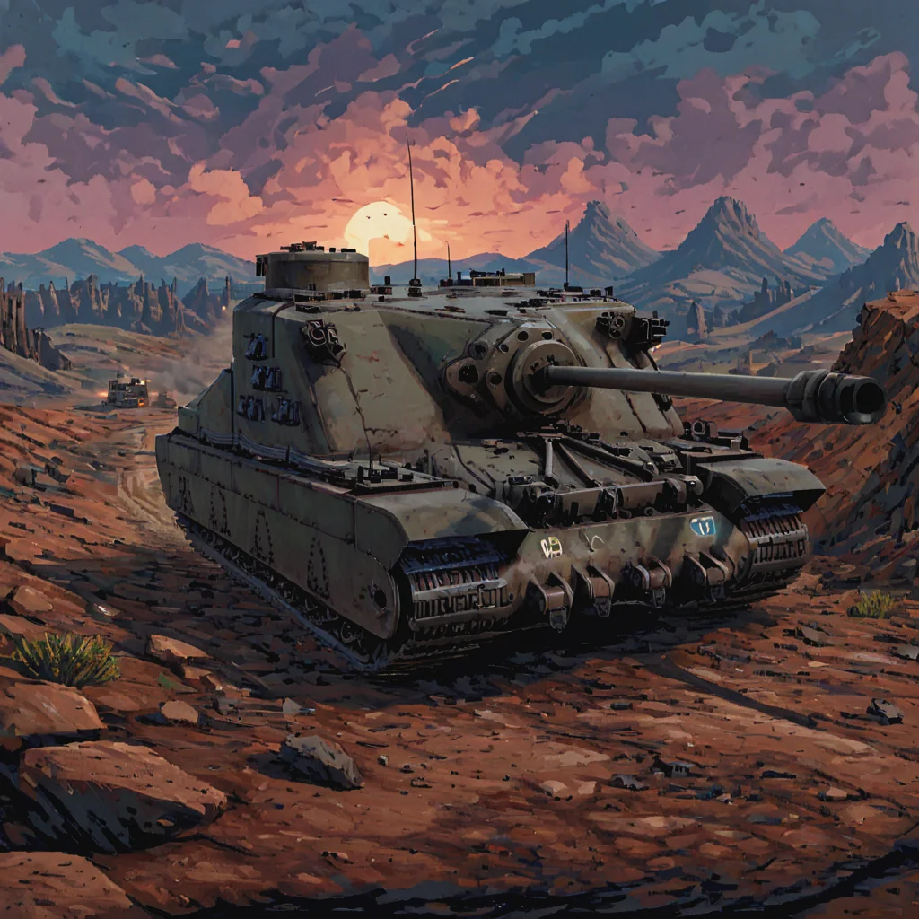 A trtsetnk tank navigating steep, rocky mountain terrain, its heavy frame and large gun barrel silhouetted against a dramatic sky at dusk. Small figures of infantry follow in its path, emphasizing the tank's role as a spearhead in difficult mountainous operations.  ((pulp_comic, heavy_lines, hand_drawn, hand_inked, hand_colored, perfect_face, apxlz))