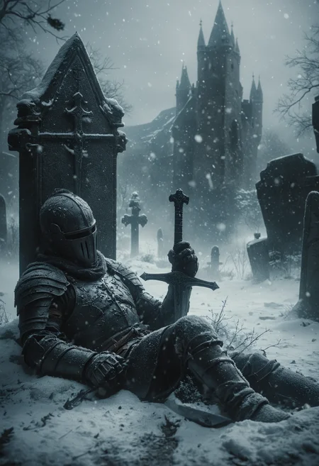 somber and cinematic scene, a fallen knight resting and lying down against a gravestone in a snow-covered graveyard, the knight clad in full armor, grips a sword with hand, the blade buried in the snow, Snowflakes gently fall around him, melancholic atmosphere, background is a dark gothic castle looms that obscured by the swirling snow and mist, haunting beauty of a warrior's final rest, <lora:- SDXL - vanta-black_contrast_V3.0:0.5>, <lora:NicolaSamori:0.6>, <lora:MJ52:0.3>, <lora:ral-ertmsphr:0.8>