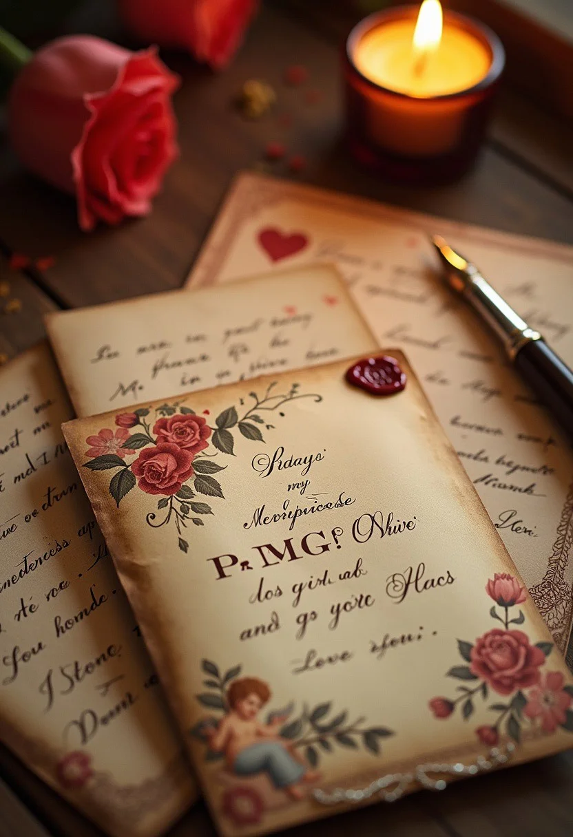 masterpiece, best quality, highly detailed, score_9, score_8_up, score_7_up. 
Warm sepia tones
Love letter, folded and slightly yellowed, sealed with a wax stamp
Antique quill pen with fresh ink
Classic valentines with lace borders, cherubs, and roses
Handwritten messages in elegant script
Flickering candle casting nostalgic light
Timeless, romantic atmosphere