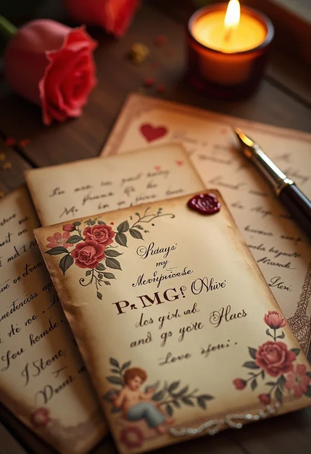masterpiece, best quality, highly detailed, score_9, score_8_up, score_7_up.
Warm sepia tones
Love letter, folded and slightly yellowed, sealed with a wax stamp
Antique quill pen with fresh ink
Classic valentines with lace borders, cherubs, and roses
Handwritten messages in elegant script
Flickering candle casting nostalgic light
Timeless, romantic atmosphere