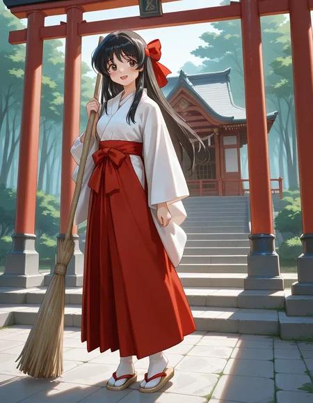 <lora:IL_Chitose_Sayoko:1>,1girl,solo,im_vv,Asuka Chitose/(alicesoft/),brown eyes,black hair,long hair,sidelocks,red hair ribbon,
miko,kosode,hakama skirt,tabi,zouri,bamboo broom,shrine,torii,open smile,holding broom,, <lora:wai-A3-V140:1>,, masterpiece,best quality,amazing quality,very aesthetic,absurdres,